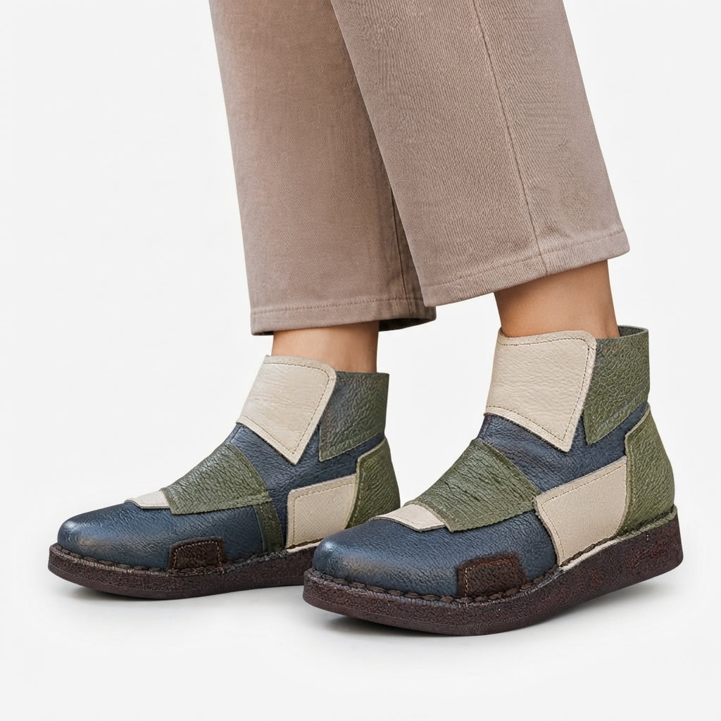 Colour Block Leather Ankle Boots, Patchwork Round Toe