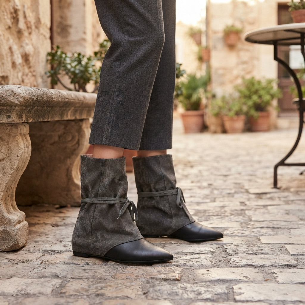Suede Slouch Boots, Pointed Toe Wraparound Lace Ties