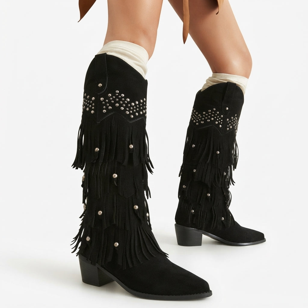 Fringe Knee High Cowboy Boots, Suede Stacked Block Heel