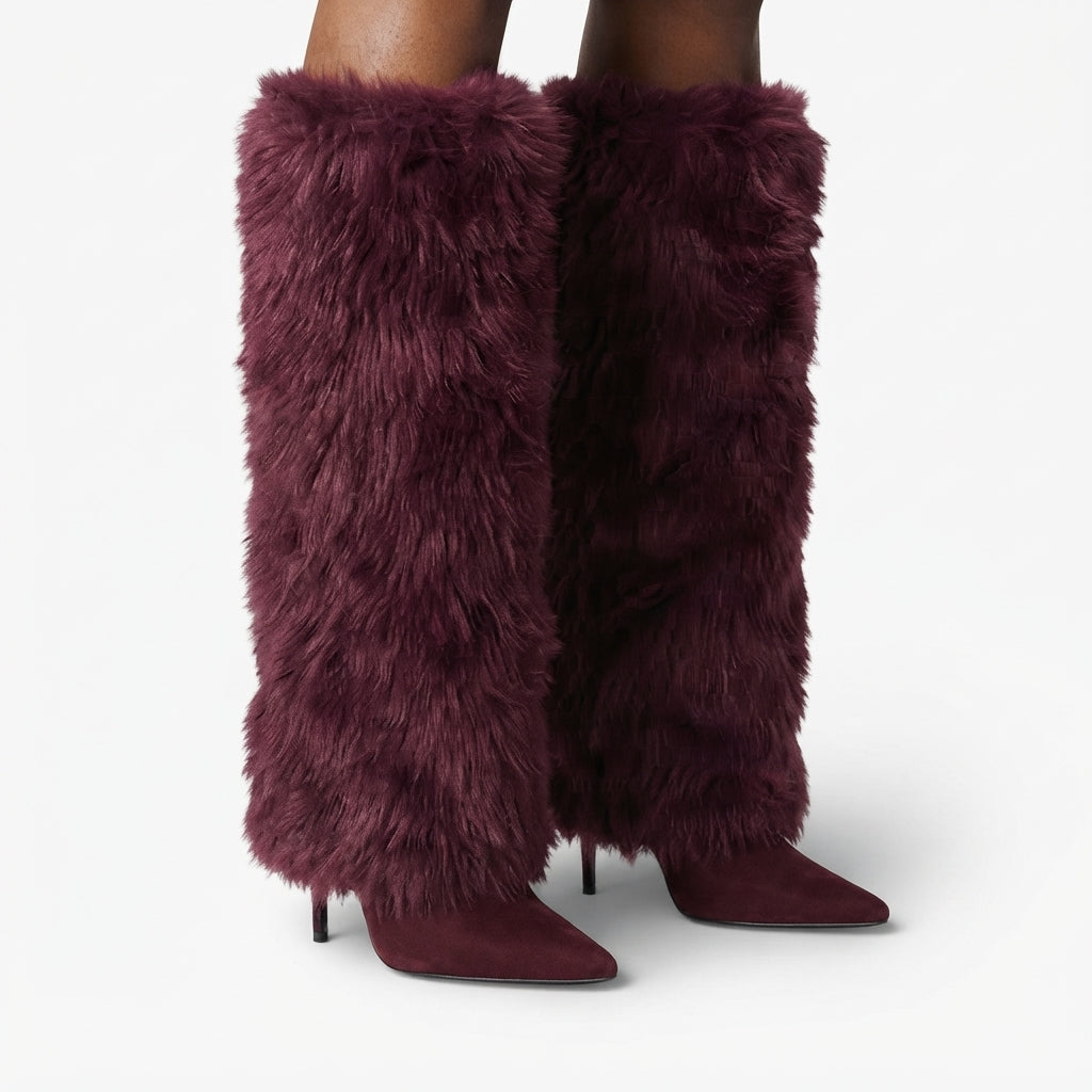 Faux Fur Knee High Boots, Stiletto Heel Pointed Toe