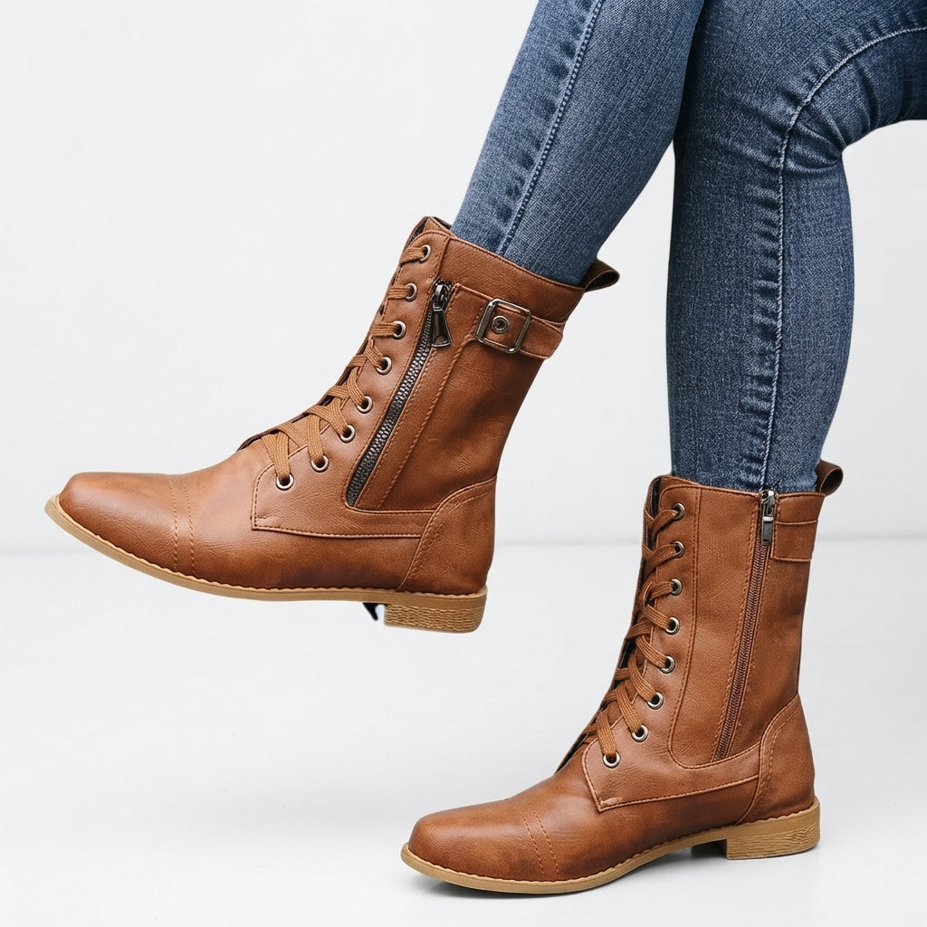 Lace Up Combat Ankle Boots, Side Zip Low Block Heel