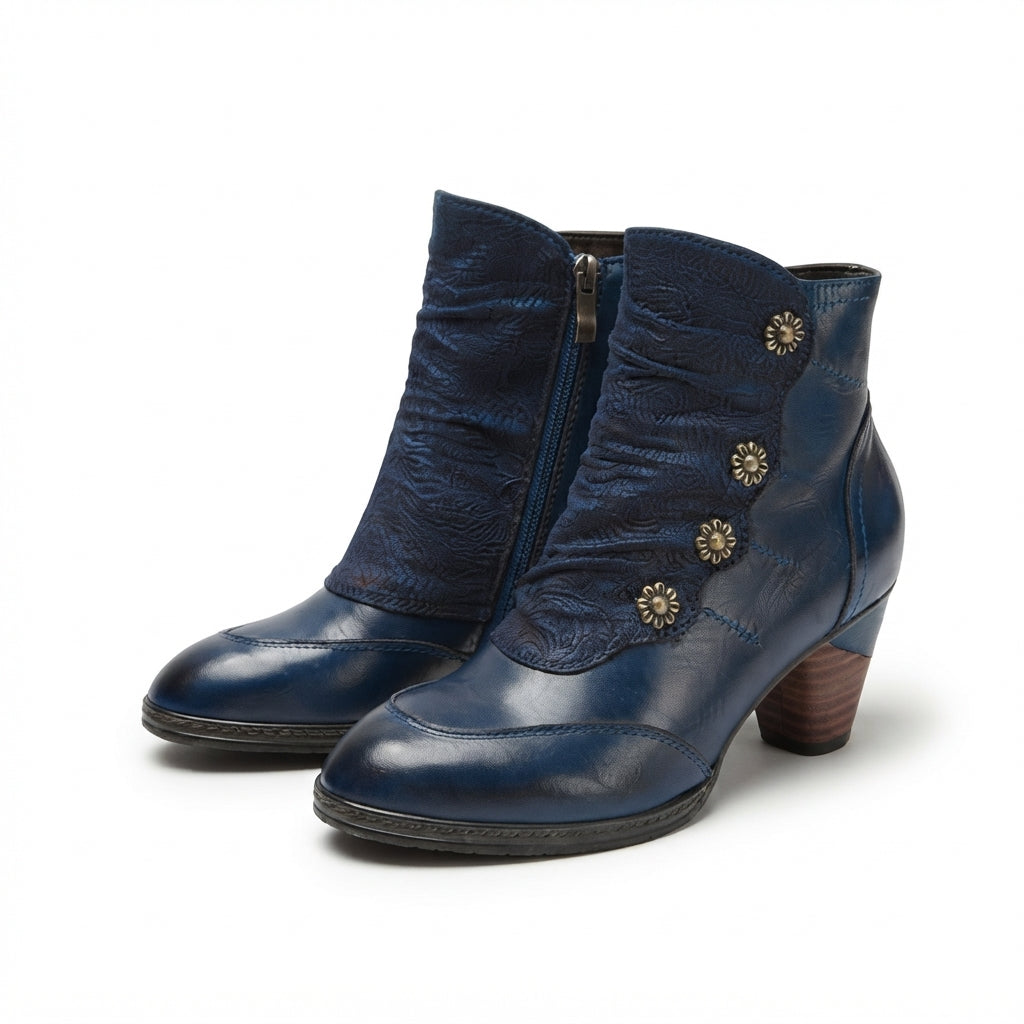 Leather Ankle Boots, Floral Button Block Heel Style