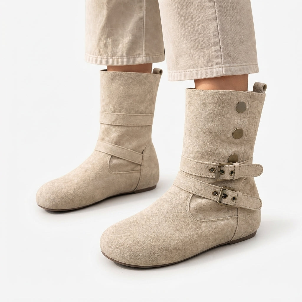 Suede Biker Boots, Double Buckle Mid-Calf Flat Sole