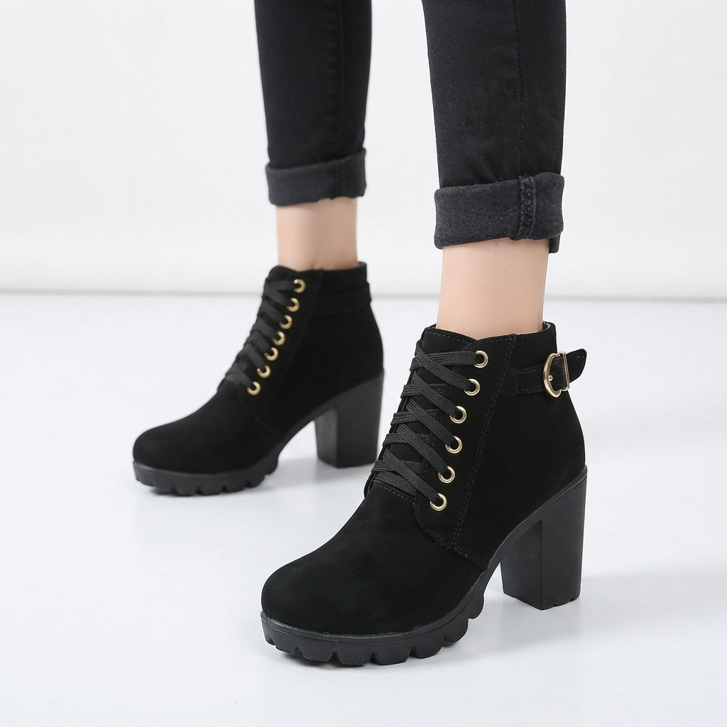 Heeled Platform Ankle Boots, Lace Up with Grip Sole