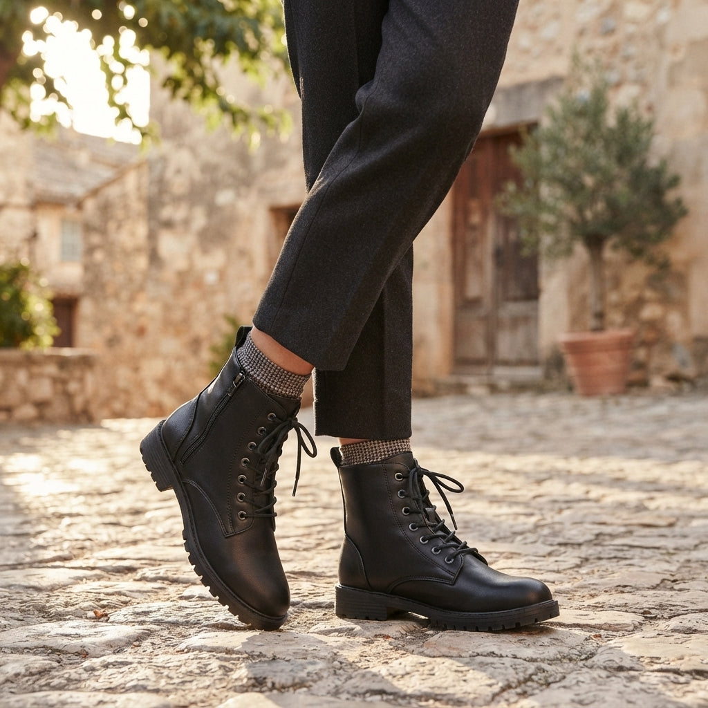Lace Up Combat Ankle Boots, Side Zip Chunky Tread Sole