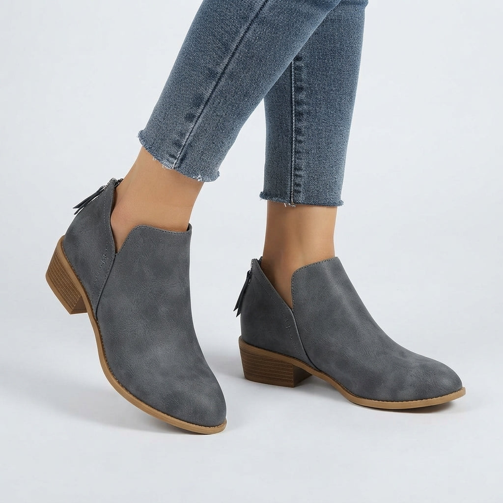 Pointed Toe Ankle Boots, Stacked Block Heel Suede Look