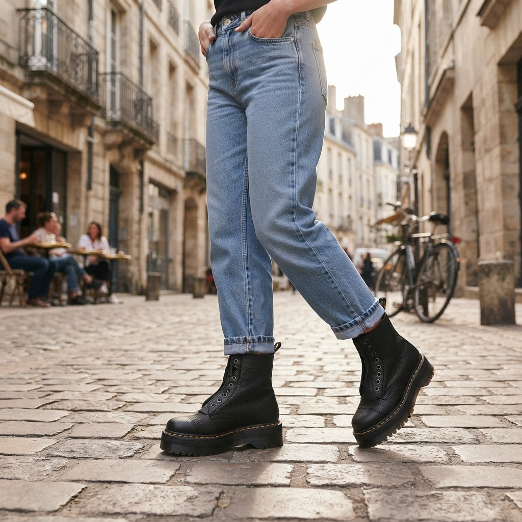 Front Zip Platform Combat Boots, Ridged Chunky Sole
