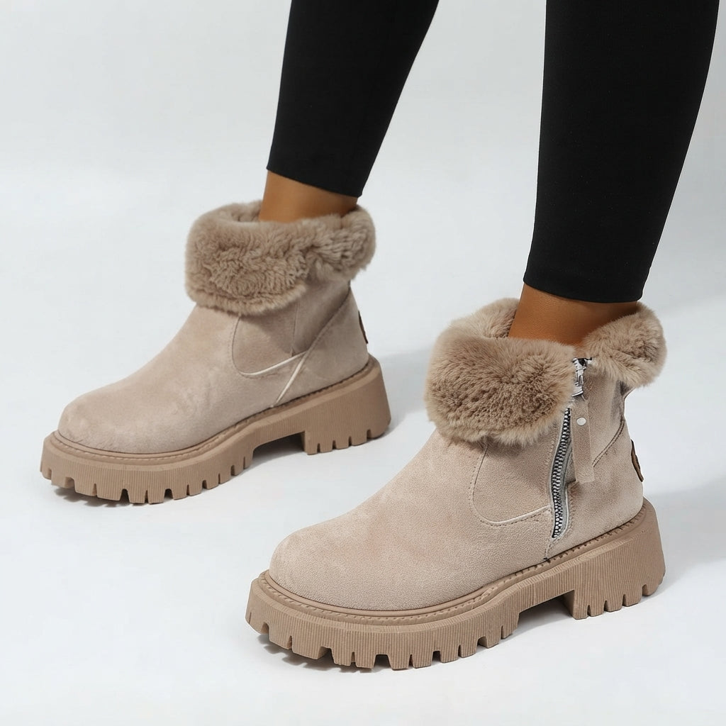 Faux Fur Trim Snow Boots, Side Zip and Lug Grip Sole