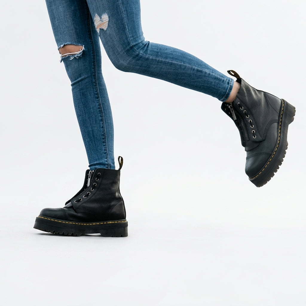 Grained Leather Combat Boots, Chunky Platform Zip Up