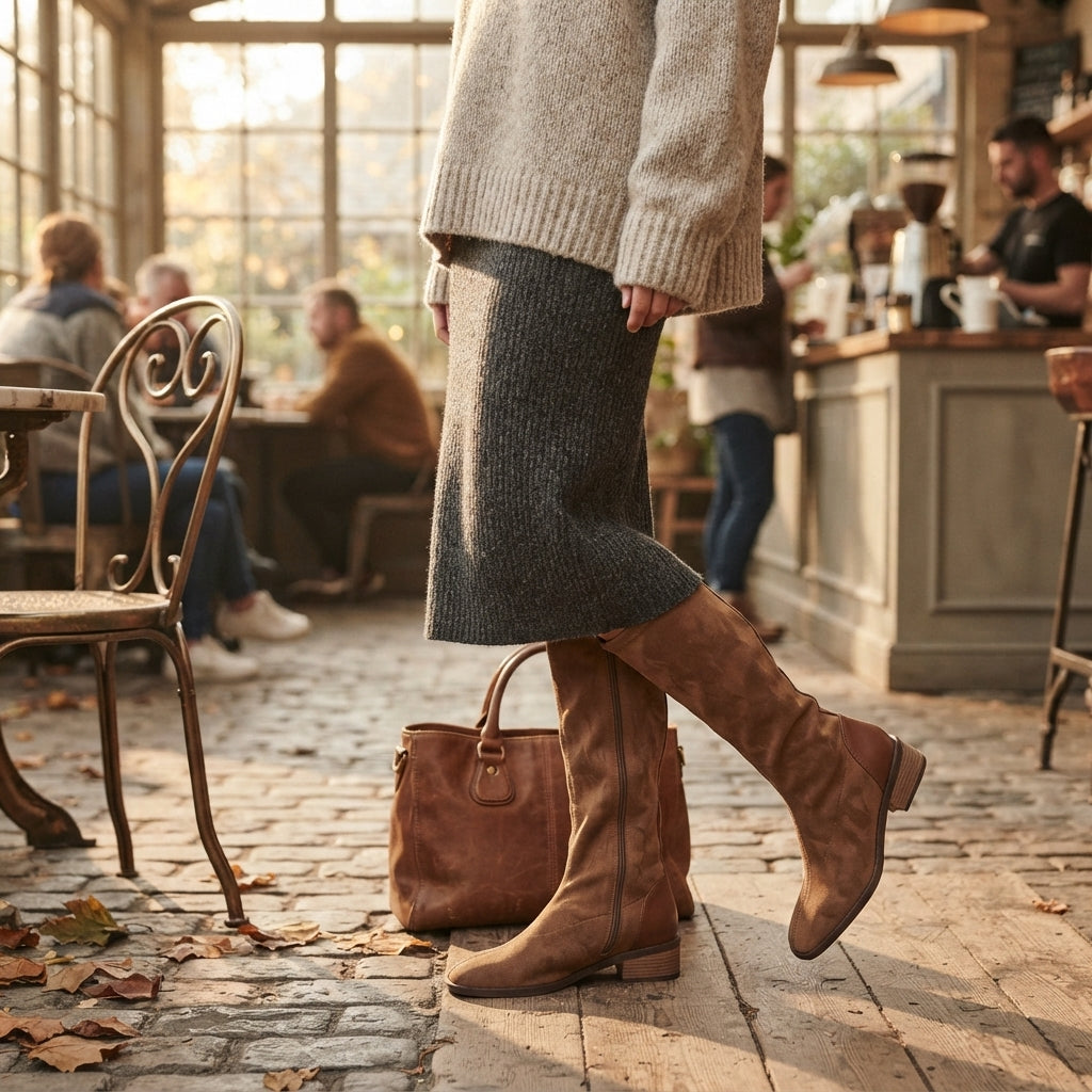 Suede Look Knee High Boots, Low Block Heel Side Zip