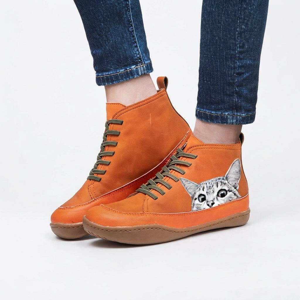 Cat Print Ankle Boots, Plush Lined Cushioned Insole