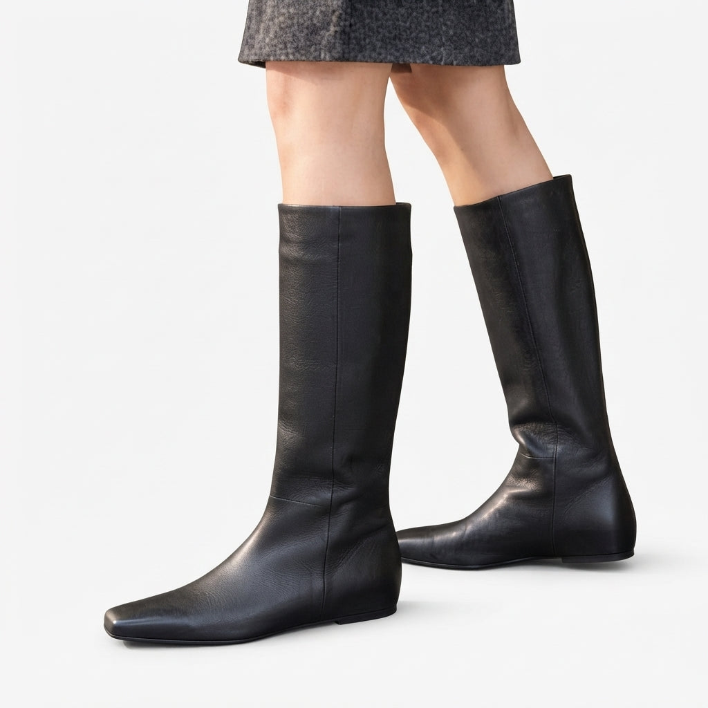 Knee High Square Toe Boots, Smooth Leather-Look Pull-On