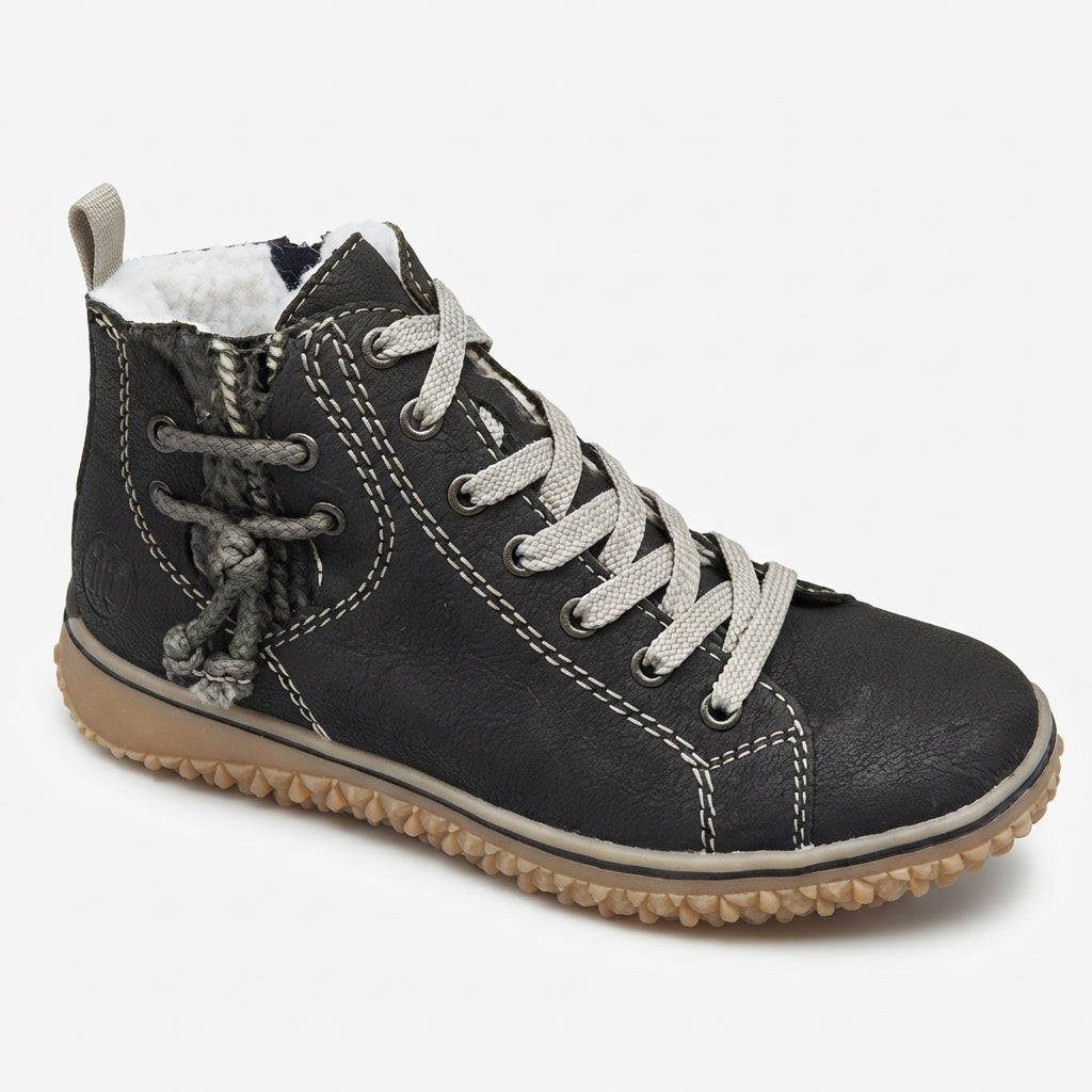 Warm Lined Combat Boots, Woven Panel Lace-Up Lug Sole