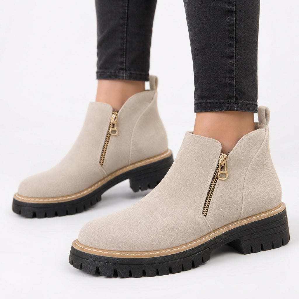 Suede Side Zip Ankle Boots, Chunky Lug Sole Low Heel