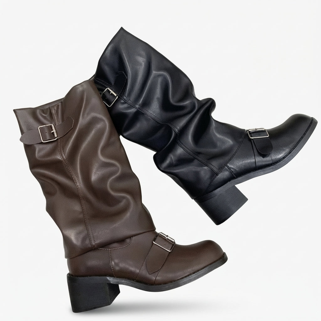 Buckle Strap Knee High Boots, Slouchy Shaft Block Heel