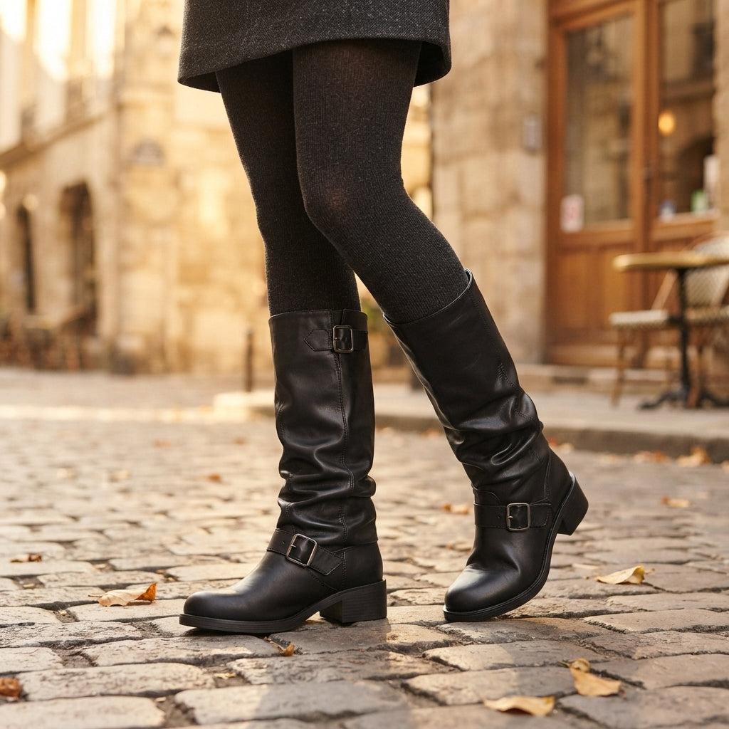 Slouchy Knee High Biker Boots, Double Buckle Straps
