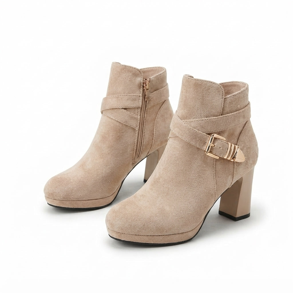 Suede Ankle Boots, Buckle Strap Platform Block Heel