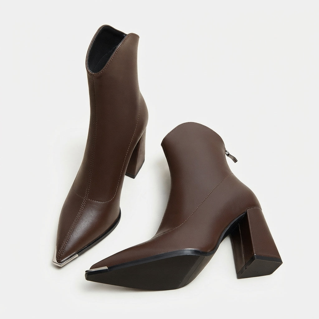 Chrome Tip Ankle Boots, Pointed Toe Block Heel Zip