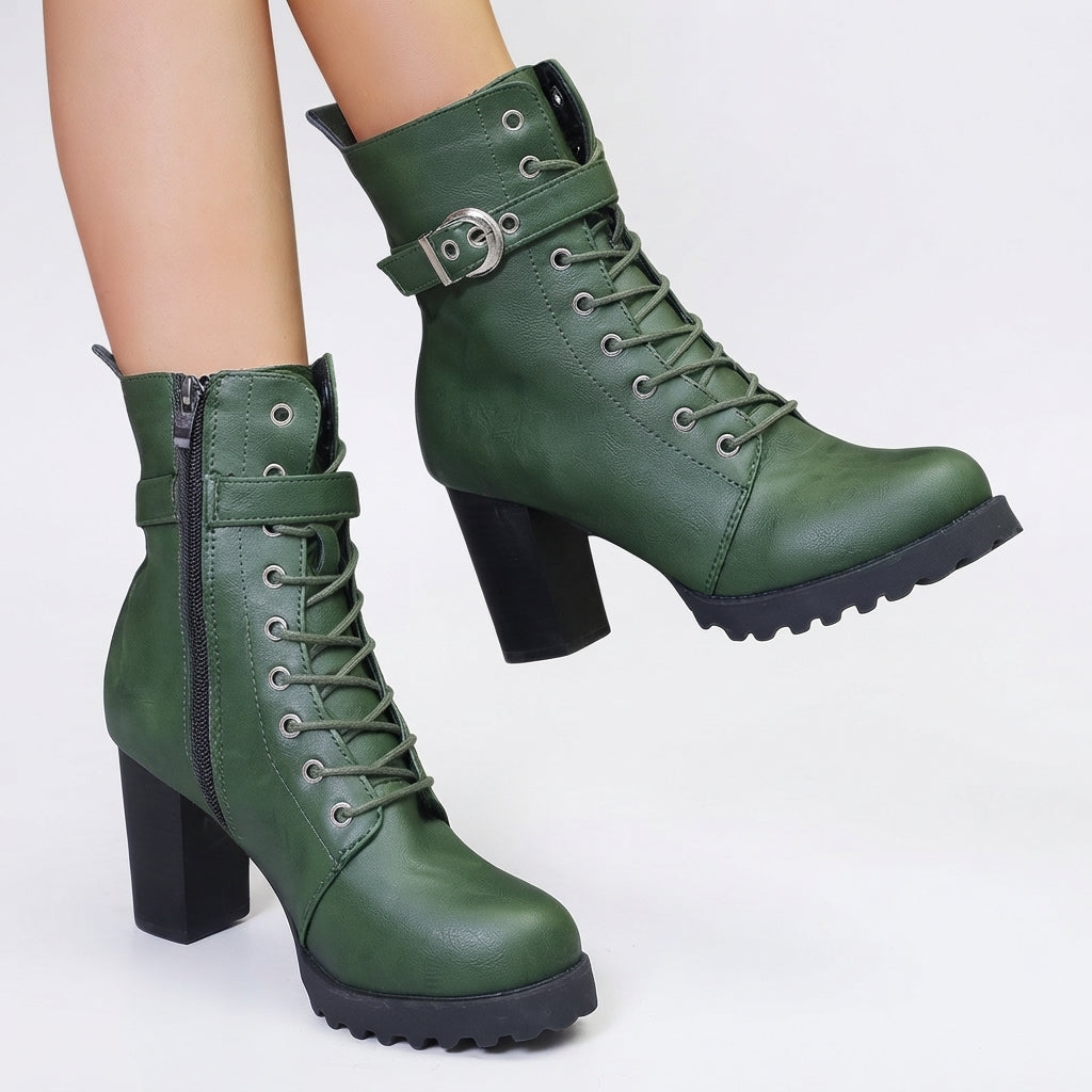 Block Heel Combat Boots, Full Lace-Up with Lug Sole