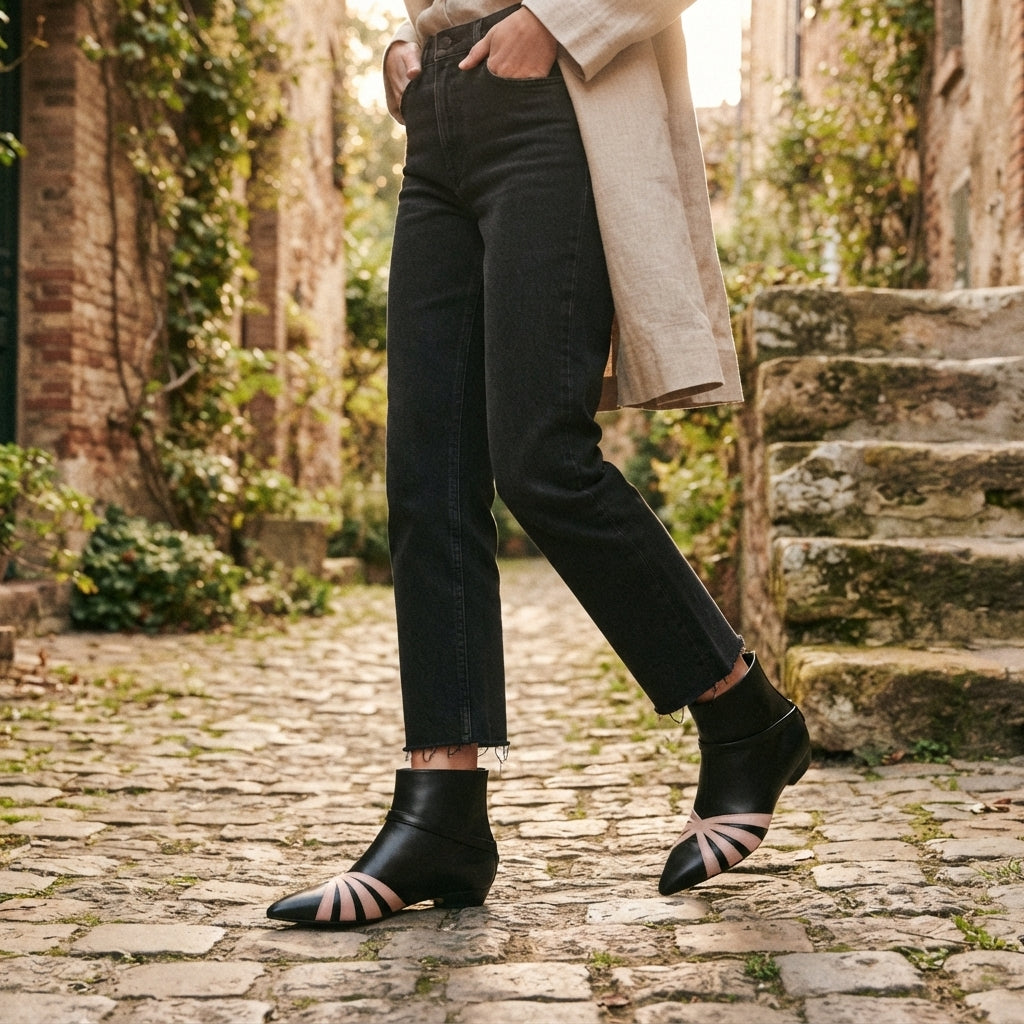 Geometric Panel Ankle Boots, Pointed Toe Buckle Strap