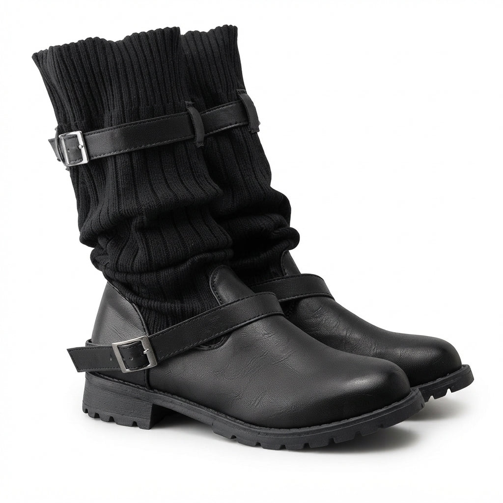 Ribbed Knit Slouch Winter Boots, Chunky Lug Sole Grip