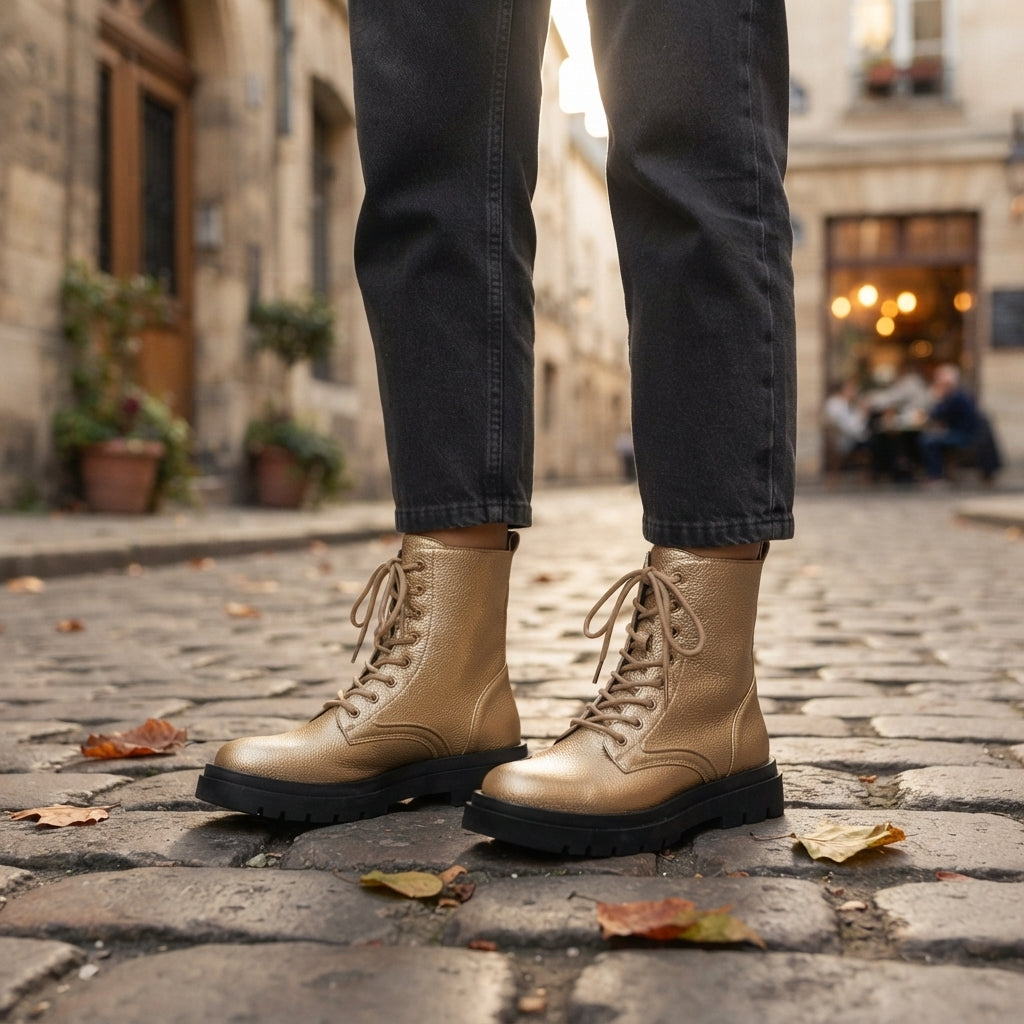 Platform Combat Boots, Pebbled Lace-Up Chunky Lug Sole