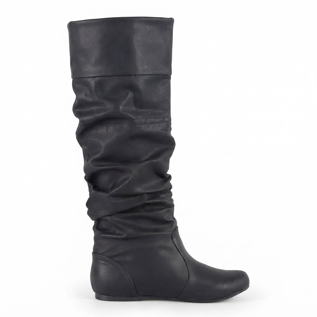 Ruched Leather Cowboy Boots, Pull-On with Rounded Toe