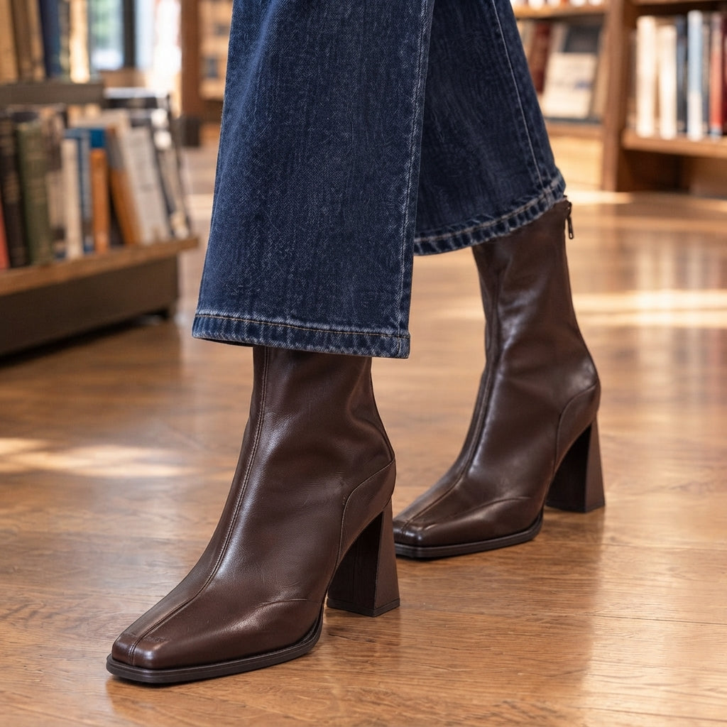 Square Toe Ankle Boots, Flared High Block Heel Zip