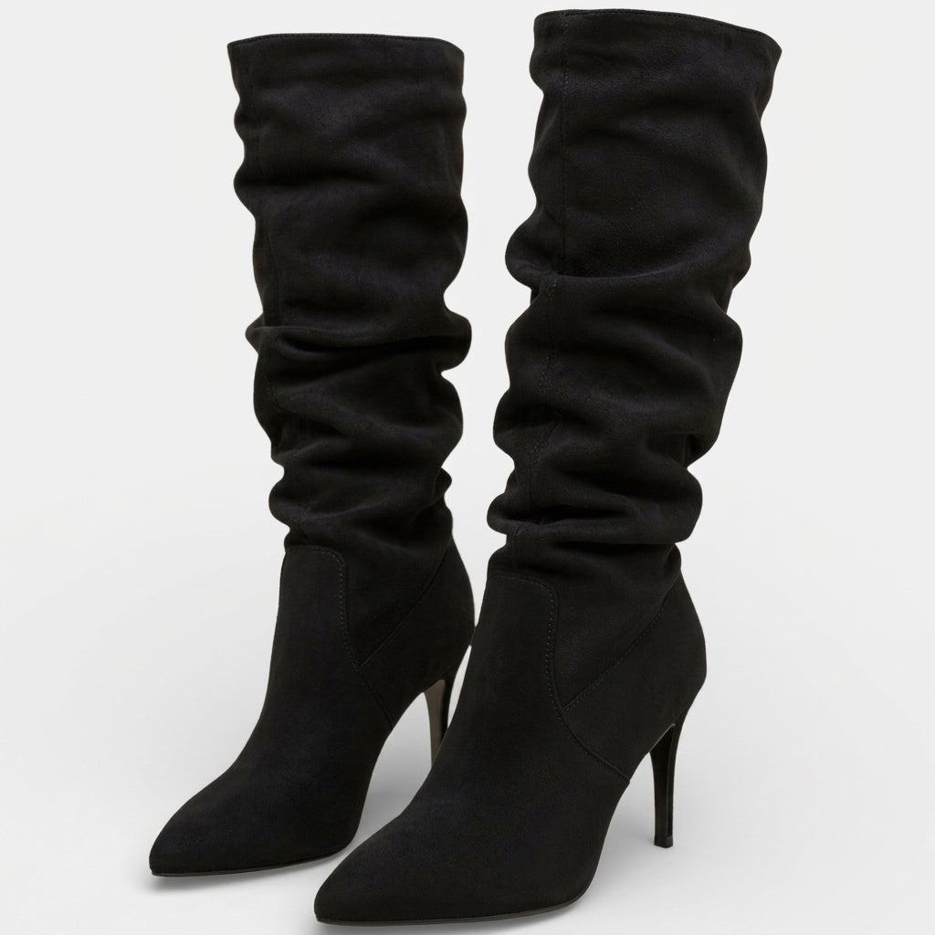 Ruched Suede Knee High Boots, Stiletto Pointed Toe