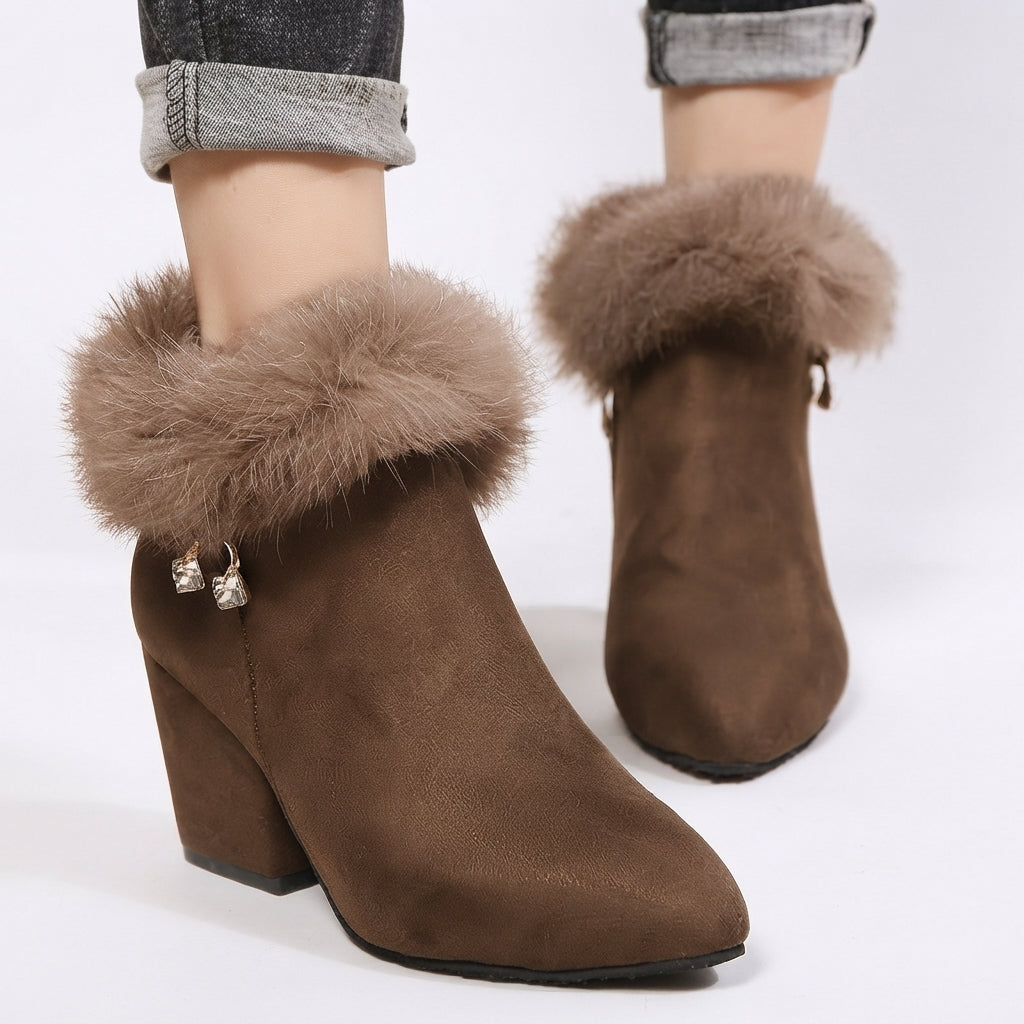 Faux Fur Trim Ankle Boots, Block Heel Warm Side Zip
