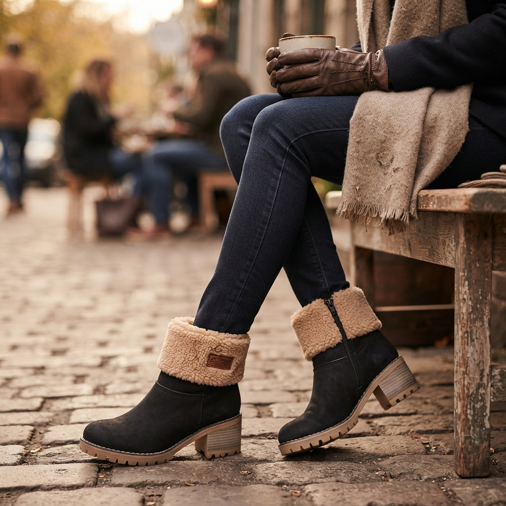 Shearling Cuff Ankle Boots, Block Heel Treaded Sole