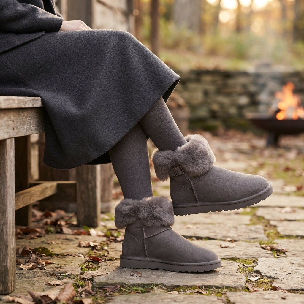 Buckled Ankle Snow Boots, Plush Cuff Suede Look Upper