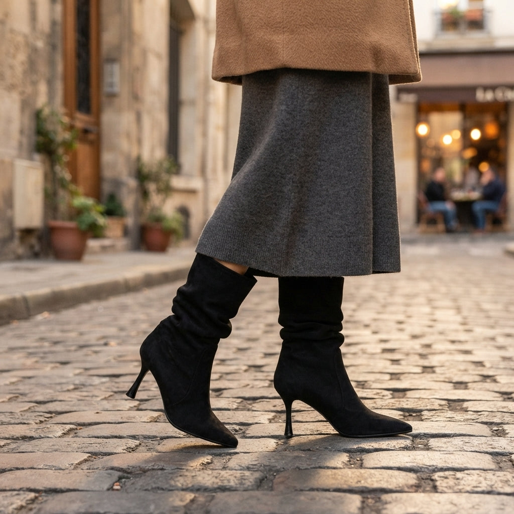 Stiletto Slouch Boots, Pointed Toe Draped Tall Shaft