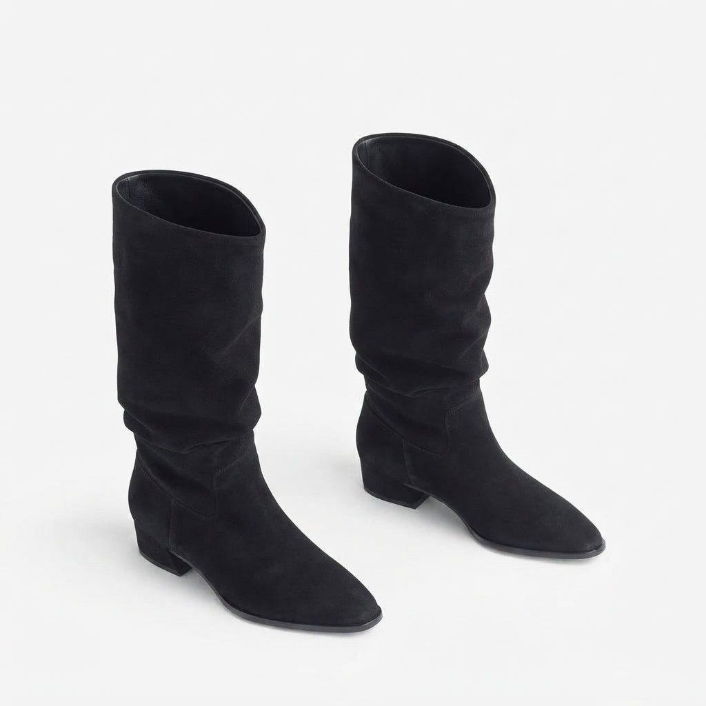 Slouchy Knee High Boots, Faux Suede Low Square Heel