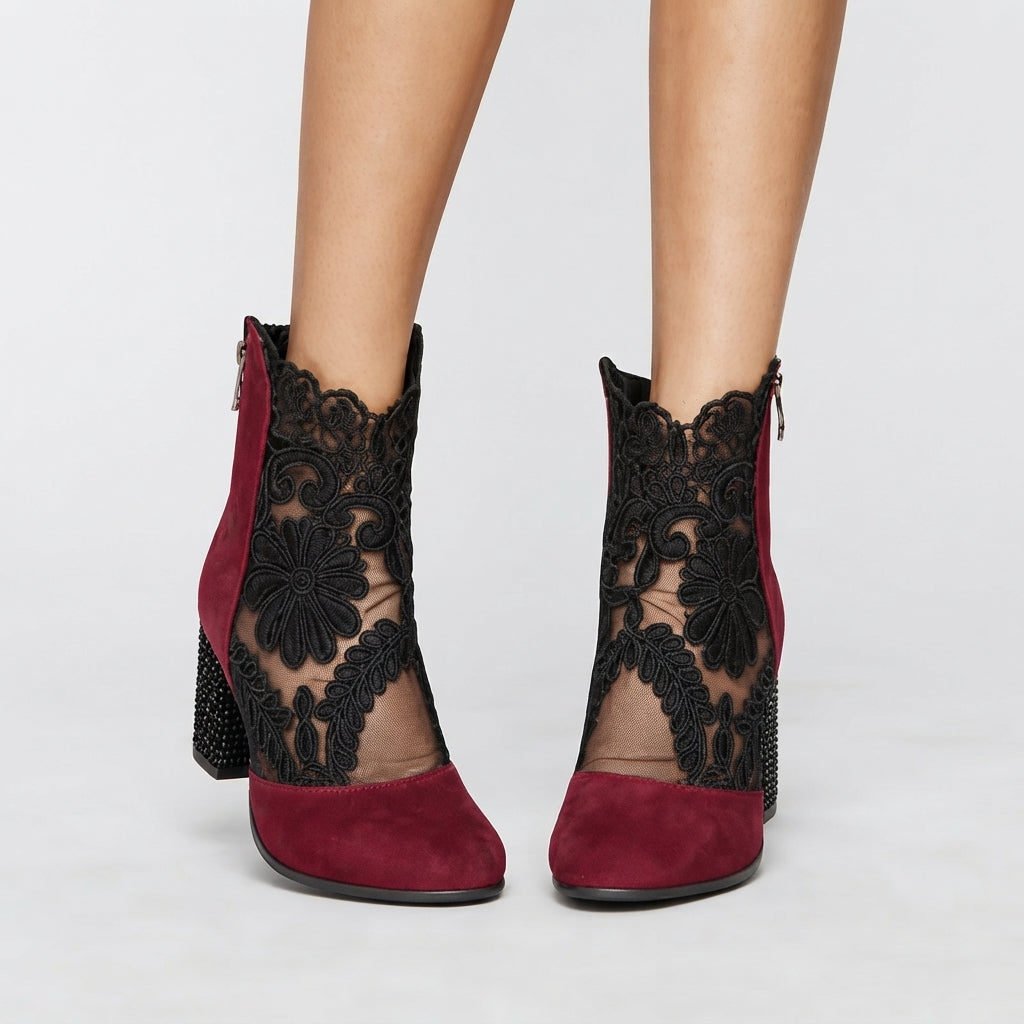 Floral Lace Ankle Boots, Wide Block Heel Padded Insole
