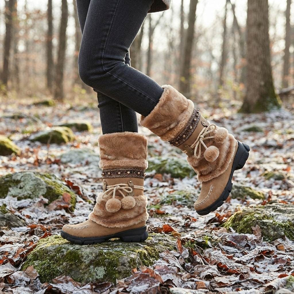 Slouch Winter Boots, Faux Fur Cuff Flat Cushioned Sole