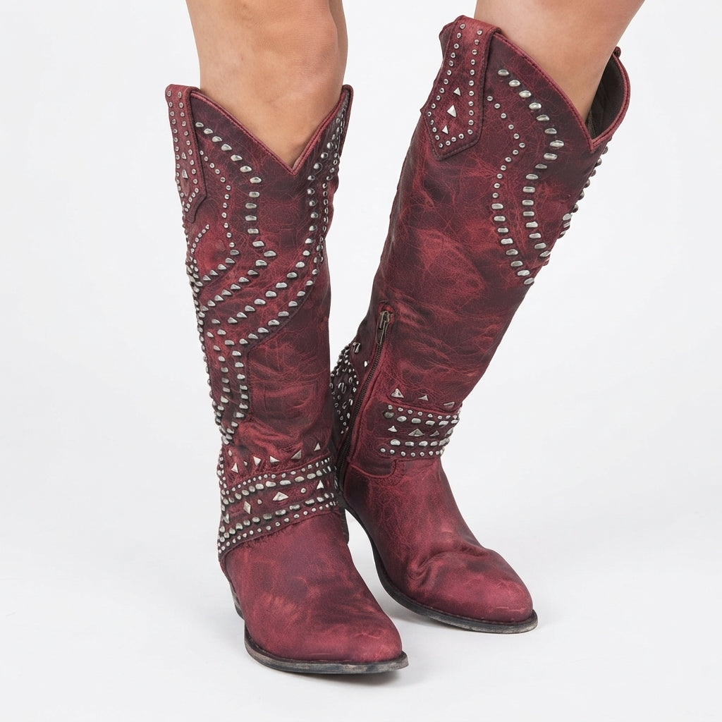 Studded Knee High Cowboy Boots, Leather Pointed Toe