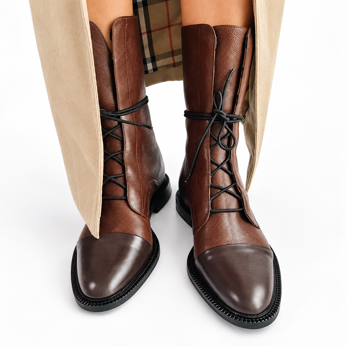 Cap Toe Combat Boots, Chunky Sole Faux Leather Lace Up