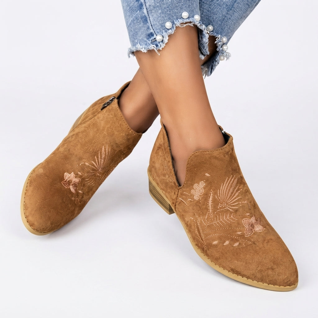 Embroidered Suede Ankle Boots, Low Block Heel Shape