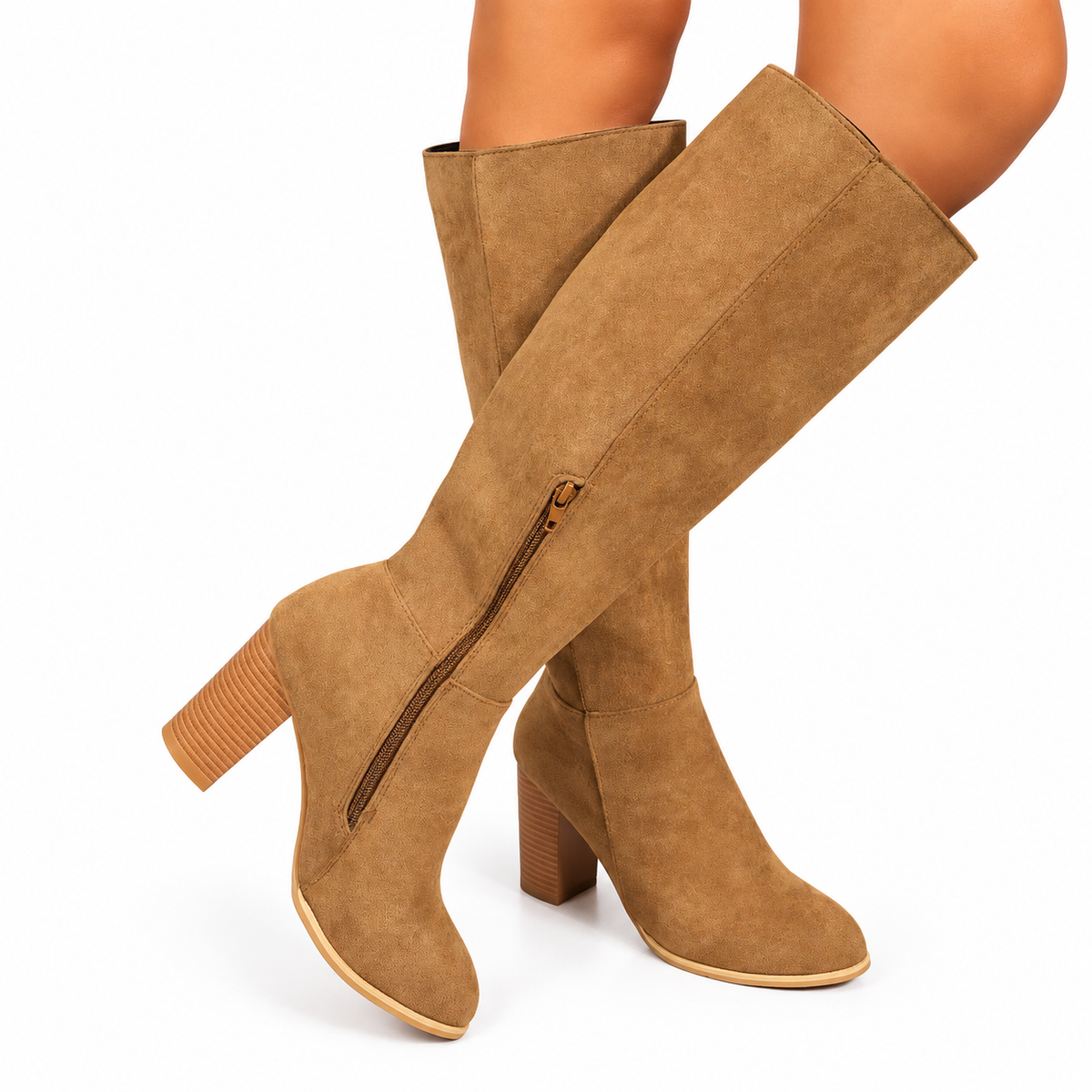 Knee High Cowboy Boots, Suede Block Heel with Side Zip