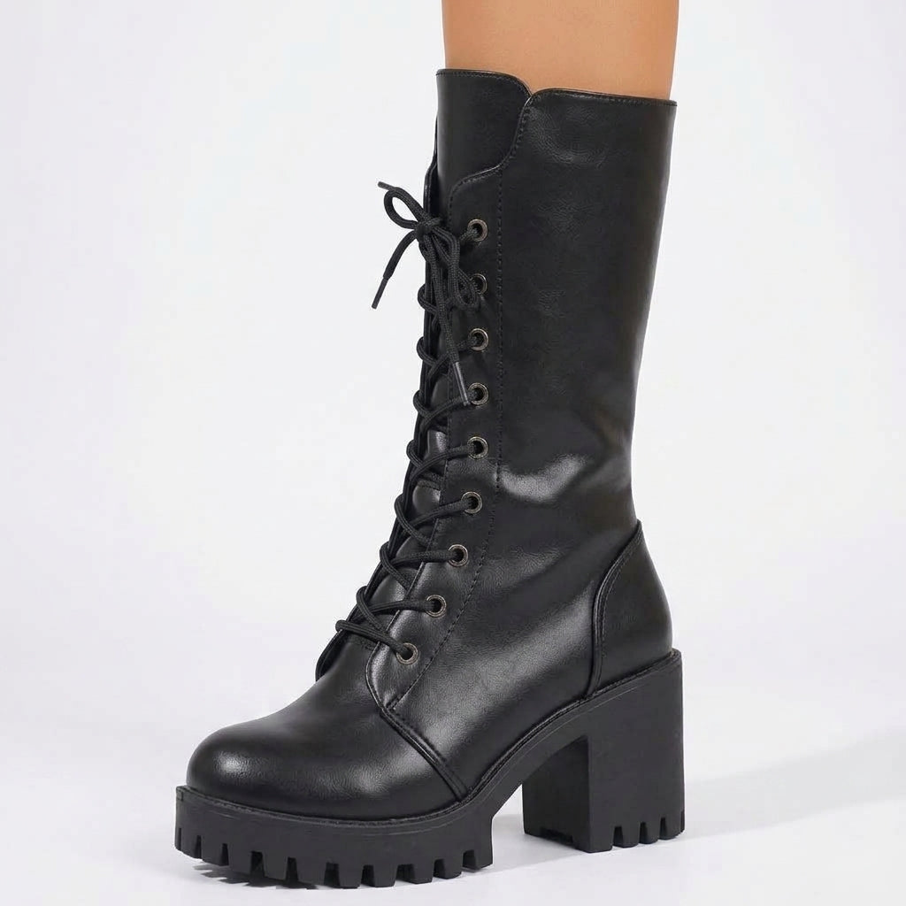 Platform Combat Boots, Vegan Leather Lace-Up Lug Sole