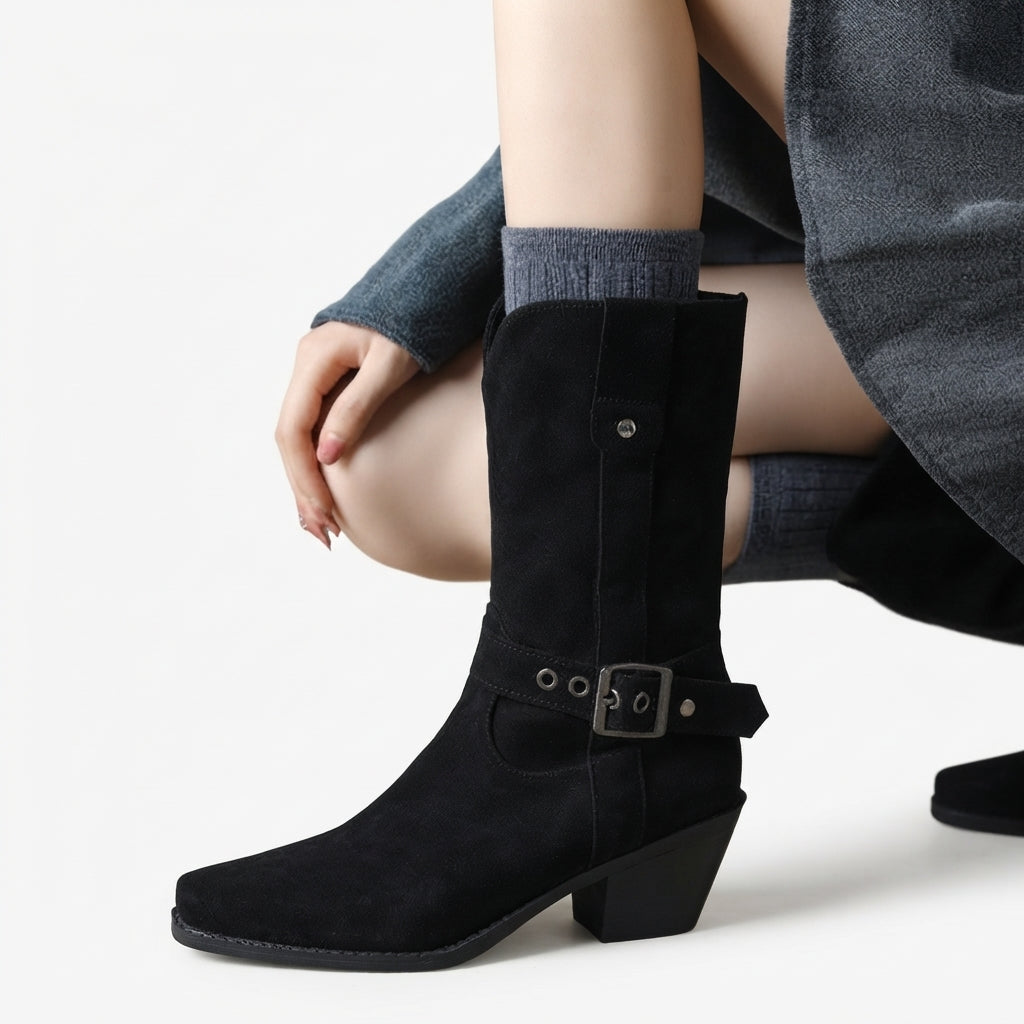 Mid-Calf Cowboy Boots, Buckled Faux Suede Western Heel