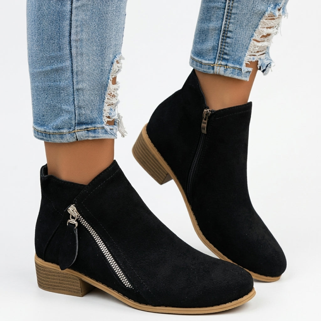 Zip Up Ankle Boots, Low Block Heel and Cushioned Sole