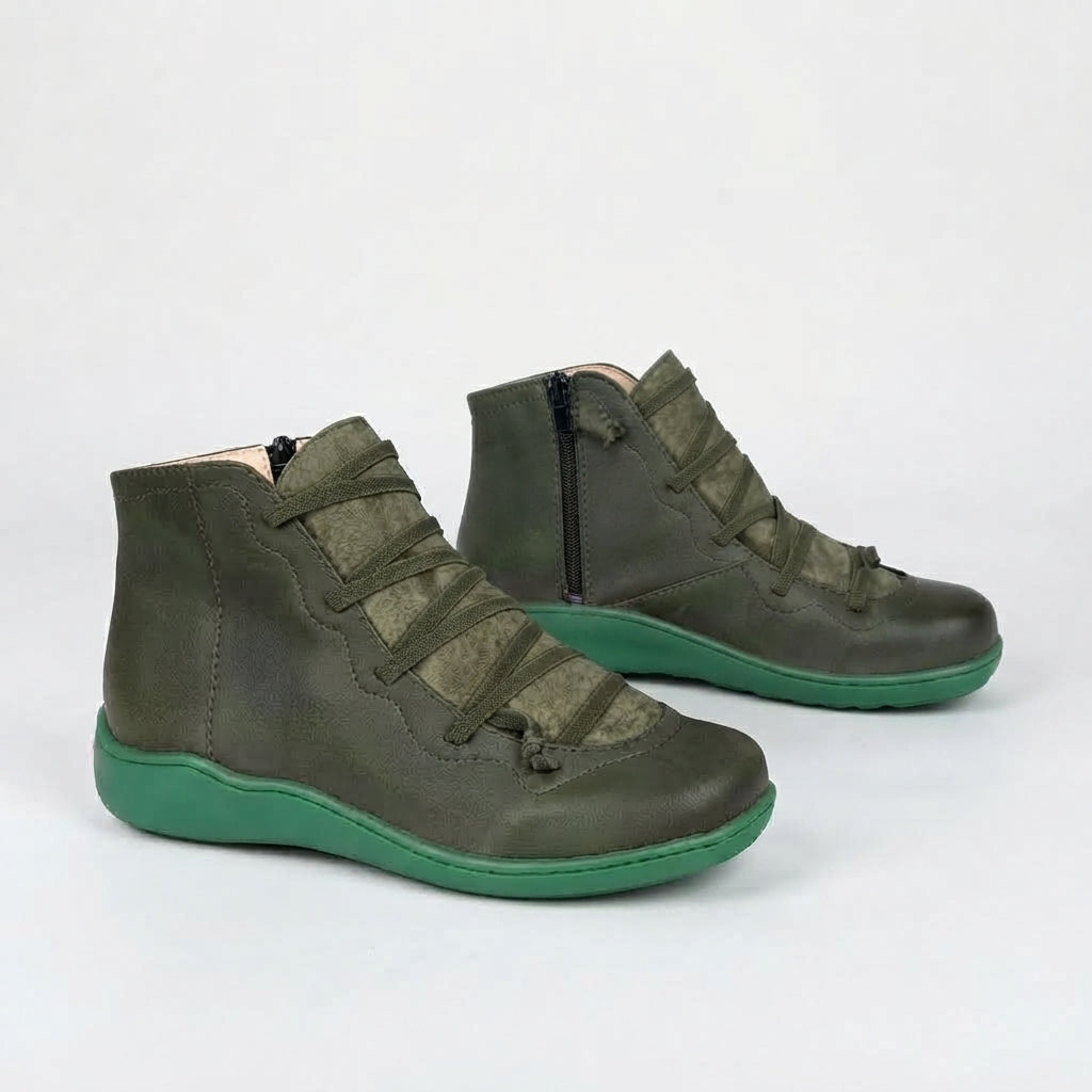 Leather Lace Up Ankle Boots, Side Zip Supportive Insole