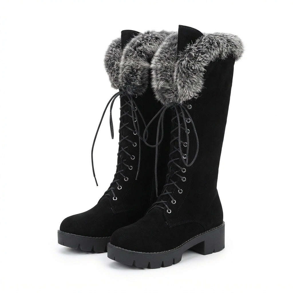 Faux Fur Trim Knee High Boots, Lace Up Lug Sole Pair