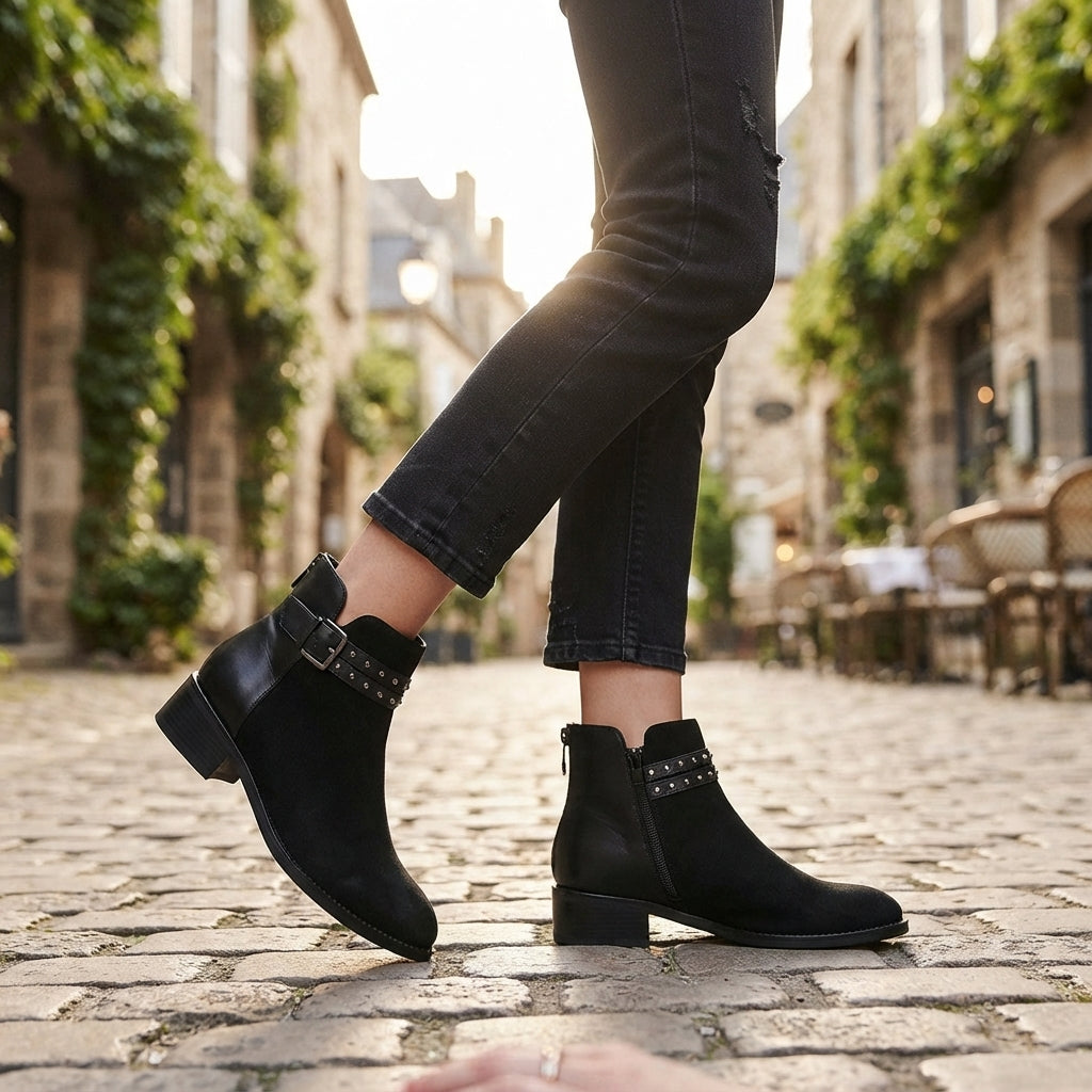 Studded Suede Ankle Boots, Double Strap Stacked Heel