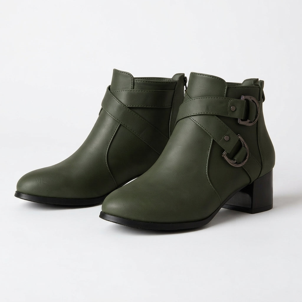 Cross-Strap Ankle Boots, Block Heel Buckle Booties