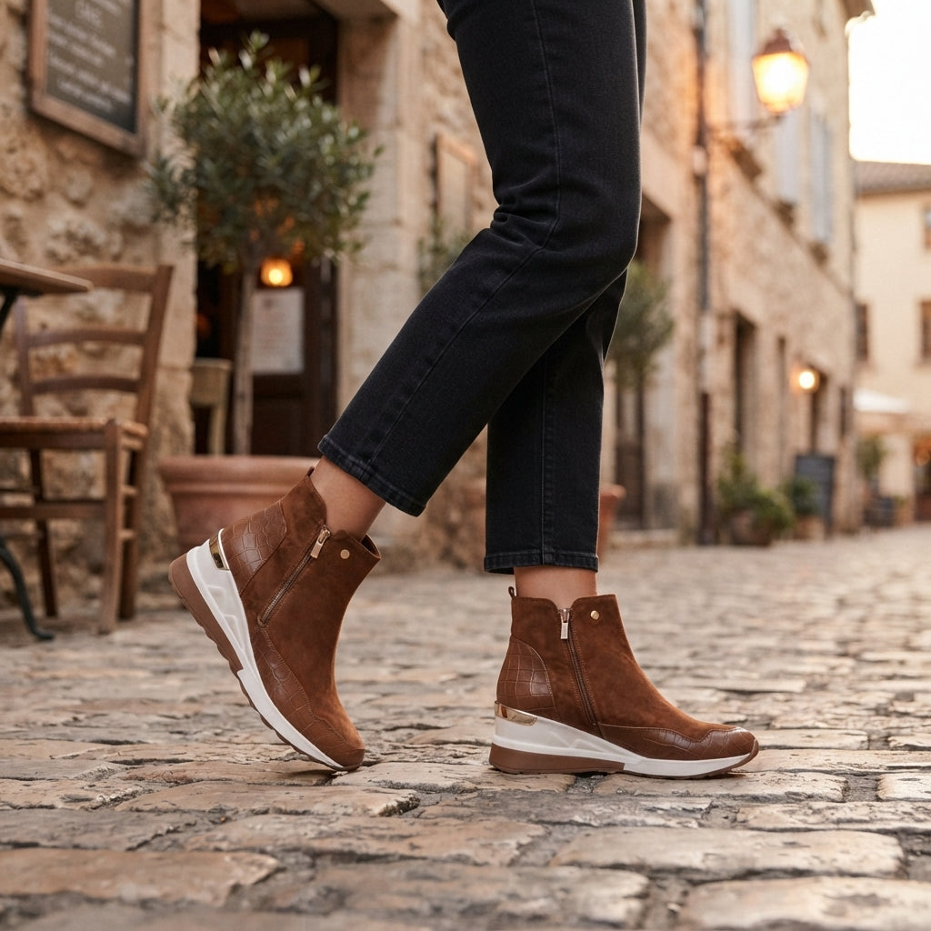 Suede Ankle Boots, Wedge Insole and Side Zip Closure