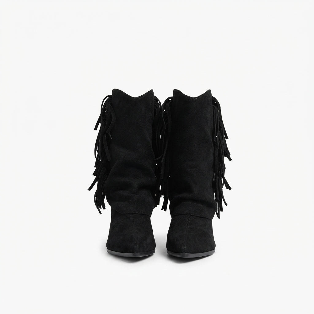 Fringe Suede Cowboy Boots, Pointed Toe Low Block Heel