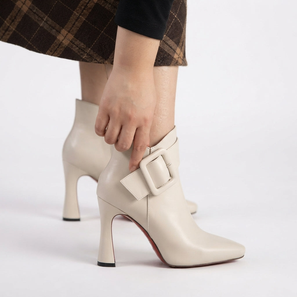Pointed Toe Ankle Boots, Sculpted Heel Buckle Detail